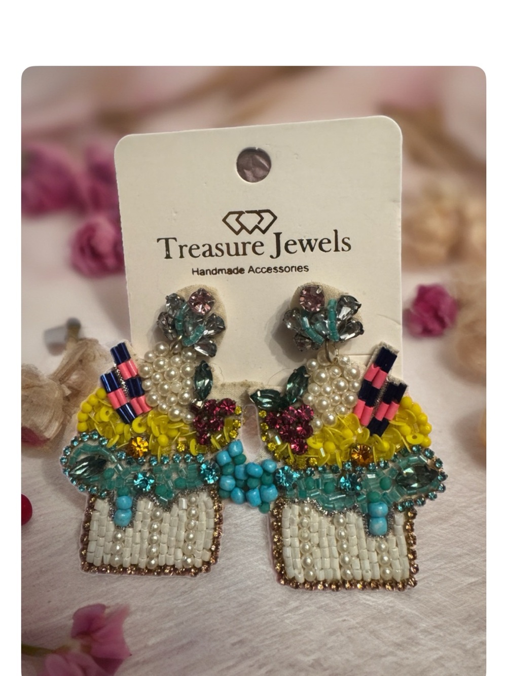 Treasure Jewels Floral Beaded Statement Earrings - Yellow, Turquoise, White